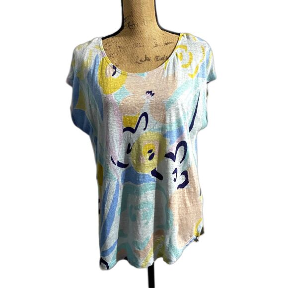 Rachel Zoe Abstract Floral Linen Tee Blue Short Sleeve Spring Size XL - Picture 1 of 3